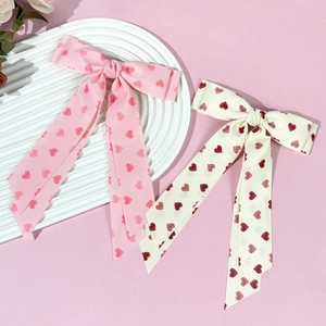 Sweet Valentine Heart Print Bow Hair Clip With Long Streamers Polyester Satin Ribbon Bowknot Hairpin For Women Hair Accessories