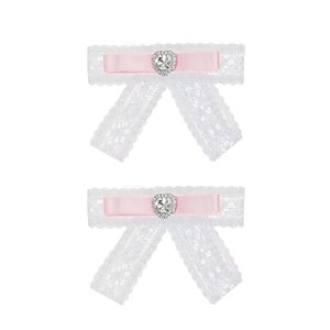 Japanese style lace bow hair clips with pink ribbon and heart rhinestone set of two