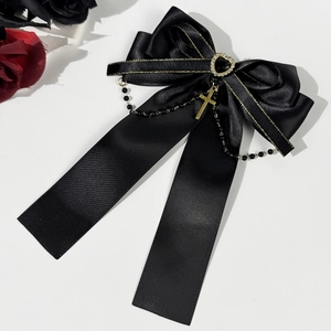 Gothic black satin bow hair clip with heart gem, cross pendant and beaded chain