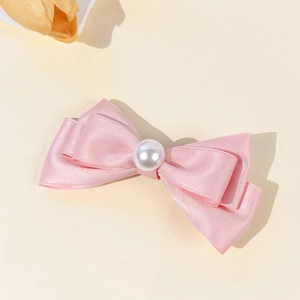 Barrette à cheveux nœud en satin rose avec perle élégante pour femmes style doux