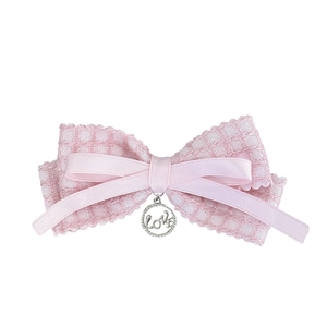 Pink lace bow hair clip with LOVE pendant and sweet waffle fabric texture decoration