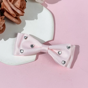 Pink satin bow hair clip with heart-shaped rhinestones for girls' sweet hair accessories