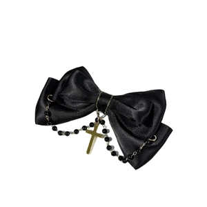 Gothic black satin bow hair clip with gold metal cross and beaded chains detail