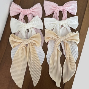 French Pleated Bow Hair Clip With Long Streamer Satin Ribbon Hairpins For Women Elegant Sweet Hair Accessories