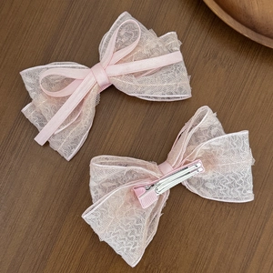 Set of sweet pink lace bow hair clips for women and girls with metallic alligator clips