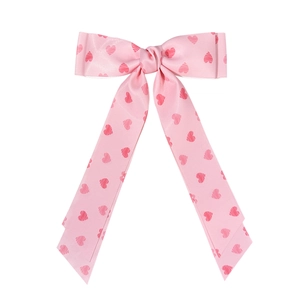 Sweet pink satin bow hair clip with red heart patterns for women and girls