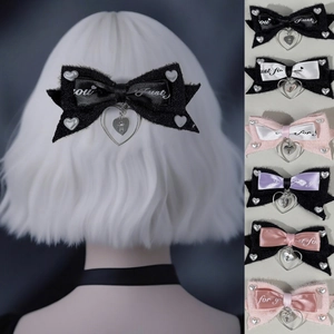 Gothic bow hair clip with pearl heart cross pendant and printed ribbon for women