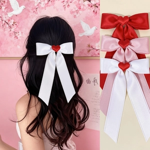 Sweet Satin Ribbon Bowknot Hair Clip With Red Heart Long Streamer Handmade Alligator Clip Korean Style Hair Accessories For Women