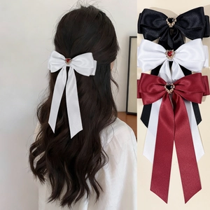 French Elegant Satin Ribbon Bowknot Hair Clip With Heart Rhinestone Long Streamer For Women Sweet Alligator Clip Hair Accessory