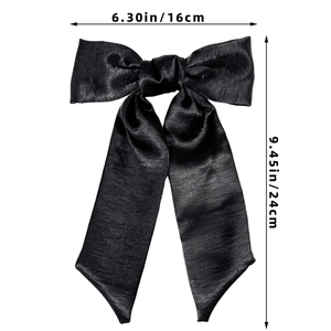 Detail showing dimensions of the 16cm wide black satin bow hair clip with long streamers