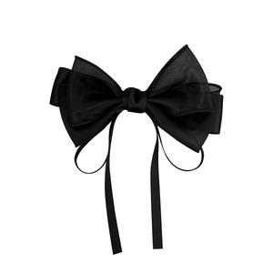 Large black organza and silk mesh bow hair clip with elegant long trailing ribbons