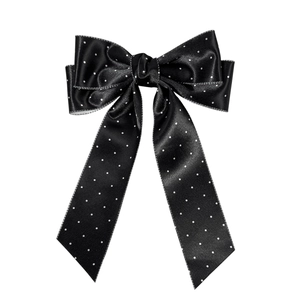 Elegante fermaglio per capelli con fiocco a pois neri e lunghi nastri stile francese