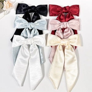 French Vintage Large Satin Bow Hair Clip Elegant Long Ribbon Streamer Hairpin Women Back Head Decorative Accessories