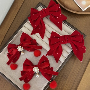 Pinza de Pelo de Terciopelo Rojo con Lazo para Mujer Strass Perla Artificial Pompon Accesorios de Pelo Festivos de Navidad Joyería de Pelo
