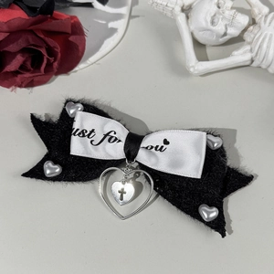 Gothic black velvet bow hair clip with silver heart cross pendant and printed ribbon detail