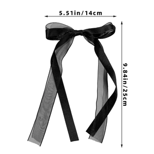 Detail view of black tulle bow hair clip showing dimensions of 14cm width and 25cm height