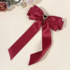 Elegant wine red satin bow hair clip with black rhinestone heart and long ribbon tails