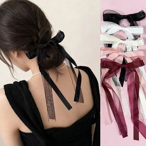 Ballet Style Bow Hair Clip With Long Streamers Satin Organza Splicing Duckbill Clip Sweet Hair Accessories For Women