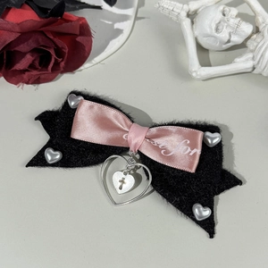 Gothic bow hair clip with pink ribbon, heart charms and dark aesthetic rose details