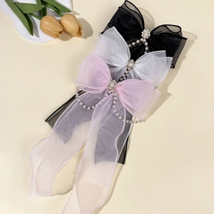 Pince à Cheveux Élégante en Organza de Maille avec Grand Nœud Chaîne de Künstliche Perles Gland Ruban Long Accessoires de Cheveux Femme