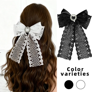 Pince à Cheveux Élégante Nœud en Dentelle Avec Long Ruban Strass Central Grande Pince Bec de Canard Femme Accessoires Cheveux