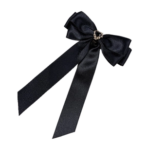 Elegant black satin bow hair clip with vintage golden heart rhinestone detail
