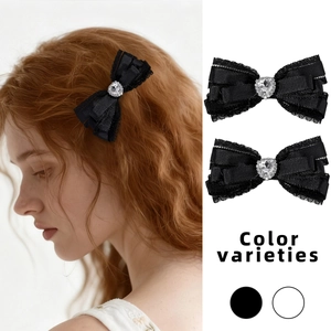 Barrette à nœud en dentelle noire chic avec strass en cœur pour coiffures féminines