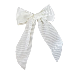 Elegant white pleated silk bow hair clip with long flowing ribbon streamers for women