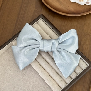 Gros plan d'un grand nœud papillon en satin bleu clair sur un support à bijoux beige