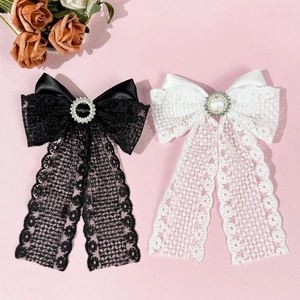 Barrettes à cheveux élégantes avec nœuds en dentelle noir et blanc et rubans longs