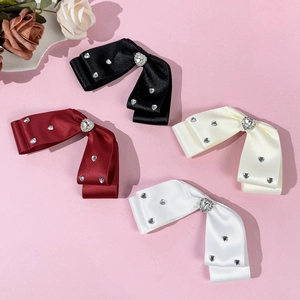 Elegant Satin Bow Hair Clip With Heart Shaped Rhinestone Sweet Princess Duckbill Clip For Women Girls Hair Accessories