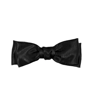 Elegant black double-layered satin bow hair clip with glossy silk texture for women