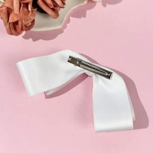 Elegant white satin ribbon heart bow hair clip with silver metal duckbill clip back