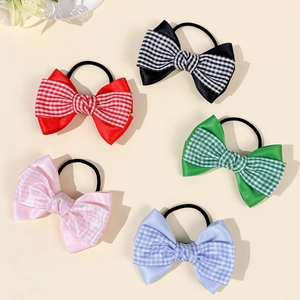 Checkered Bowknot Satin Hair Ties For Women Girls Double Layer Gingham Scrunchies Sweet Preppy Style Headwear Accessories