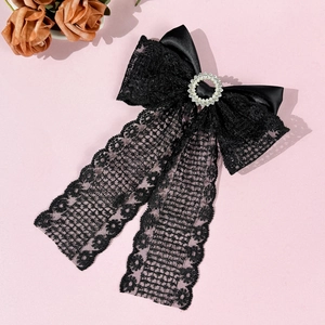 Barrette nœud en dentelle noire avec strass brillant et longs rubans élégants pour femme