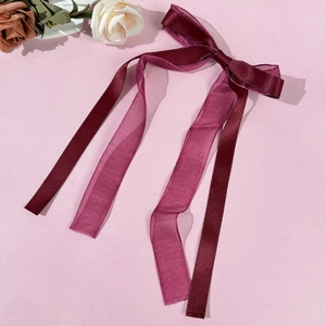 Elegant burgundy mesh and satin ribbon bow hair clip with long streamers for women
