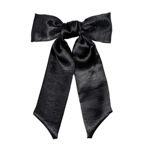 Elegant black satin bow hair clip with long ribbons for women, silk texture hair accessory