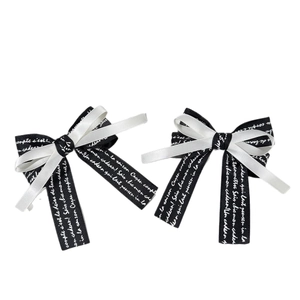 Japanese style black and white ribbon bow hair clips with artistic letter printing