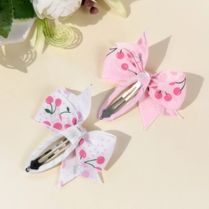Sweet cherry print grosgrain bow hair clips for girls set of two in pink and white