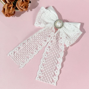 Détail d'un nœud en dentelle blanche avec strass central et de longs rubans élégants
