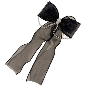 Pince à cheveux nœud en tulle noir élégant avec pompon chaîne de perles pour femme