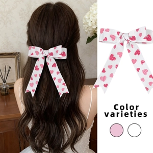 Süße Haarklammer Mit Herz-Druck Und Schleife Für Damen Mädchen Ripsband Langer Streamer Entenschnabelklemme Valentinstag Haarschmuck