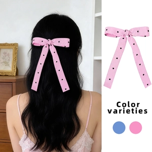 Sweet Ballet Style Ribbon Bow Hair Clip For Women Striped Heart Pattern Long Streamer Duckbill Clip Vintage Hair Accessory