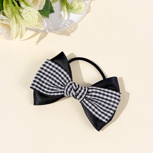 Plaid checkered double-layered bow hair scrunchie with elegant black fabric details