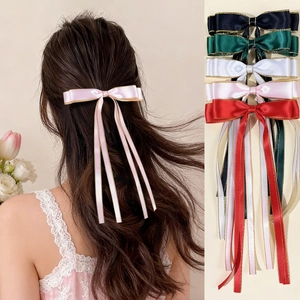 Elegante Fermaglio per Capelli con Fiocco in Satin con Lunghi Nastri Bordo Dorato Stile Balletto Fiocco Dolce per Donna Ragazza Accessorio per Capelli