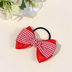 Chic red plaid bow hair tie with satin ribbon and elastic band for women hair styling
