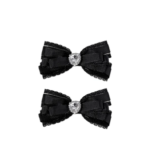 Paire de barrettes nœuds en dentelle noire avec strass cœur style ballerine