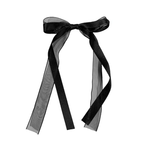 Elegant black satin and organza ballet bow hair clip with long flowing ribbons