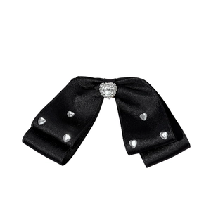 Elegant black satin bow hair clip featuring sparkling heart rhinestones on white background