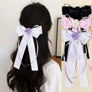 Barrette à Cheveux Élégante Nœud en Satin Avec Long Ruban et Fleur Rose Fait Main pour Femme Accessoire Doux